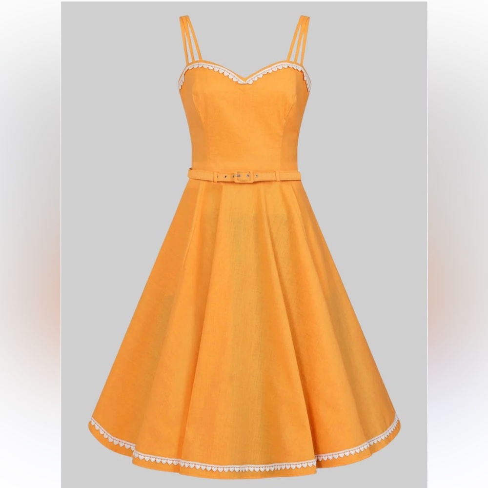 NWT Collectif Yellow Nova Heart Trim Swing Midi Dress Size XS 50’s Pin Up Style